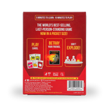 The back of a red board game box, showing product information, feature callouts, age icons, a barcode, and small card examples. Visible text includes '5 MINUTES TO LEARN, 10 MINUTES TO PLAY!' and 'The World's Best-Selling, Last-Person-Standing Game Now in Pocket Size!'.