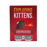 The front of the 'Exploding Kittens' card game box by Crab & Game, featuring a red background, a cartoon black cat with a flare gun, and the game title in large white and orange text.