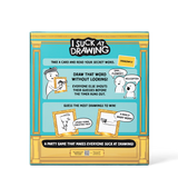 The back of a party game box titled 'I SUCK AT DRAWING' shown against a plain white background. The box has a turquoise and gold design with cartoon illustrations and game instructions printed on it.