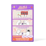 A purple and orange illustrated product box or card set cover titled 'SELL ME A SASQUATCH,' showing cartoon panels of two figures and trading card graphics on a plain white background.