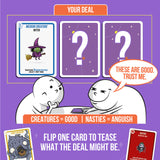 Promotional graphic for a mystery card game deal, showing illustrated characters seated at a table with three cards: one revealed card labeled 'Medium Creature Witch' and two purple mystery cards with question marks. Text reads 'YOUR DEAL,' 'THESE ARE GOOD.