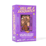 The product packaging box for the board game 'Sell Me a Sasquatch' by Planet Money, featuring a purple background with a cartoon illustration of a sasquatch sitting in a vending machine.