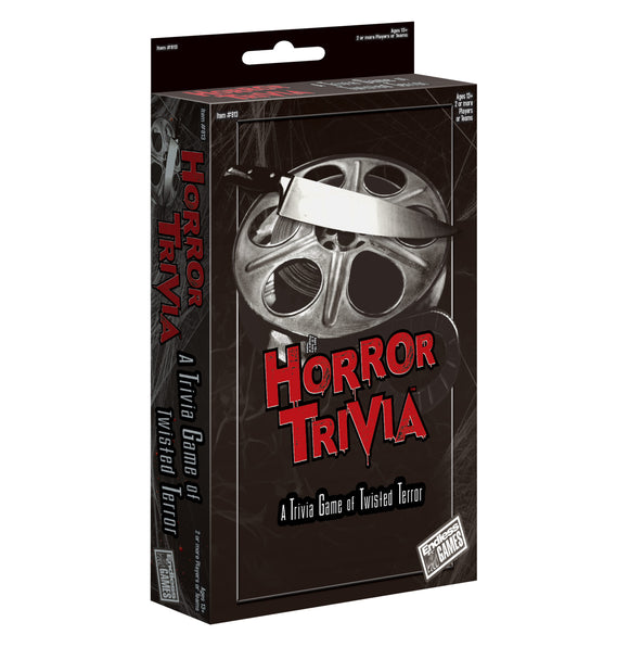 Horror Trivia game packaging with film reel design on a white background