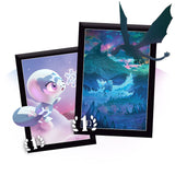 Two animated cards featuring a dragon and a creature with snowflakes, set against a white background.