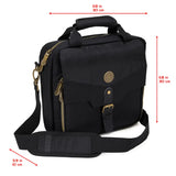 Black bag with gold accents and measurements on a white background