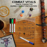 Combat vitals tracker with dice, markers, and a weapon on a wooden surface