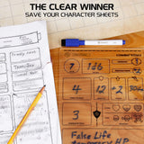 Wooden character sheet with writing and a pen, next to a character sheet and pencil on a grid background.