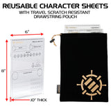 Reusable character sheets with a travel scratch-resistant drawstring pouch on a white background.