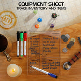 DND equipment sheet on a wooden surface with dice, coins, and markers.
