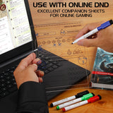 Person using a transparent gaming sheet with markers on a laptop, book, and online DND interface.