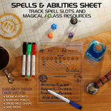 Spells & Abilities sheet on a wooden surface with dice and markers