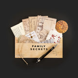 Envelope labeled 'Family Secrets' with vintage documents, coins, and a pen on a dark background