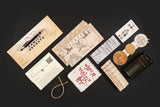 Collection of vintage-style documents, seals, and a pen on a dark background