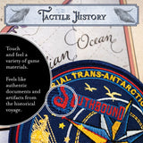 Textile patch with 'Southbound' and 'Trans-Antarctic' text, labeled 'Tactile History', on a textured background.
