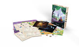 Board game components including a box, cards, and pieces on a white background