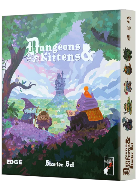 Board game box for 'Dungeons & Kittens' with fantasy-themed illustration on a white background.