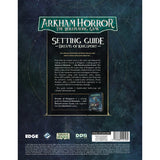 Back cover of the Arkham Horror: The Roleplaying Game Setting Guide - Dreams of Kingsport, featuring a dark blue and black background with the title at the top and publisher logos along the bottom.