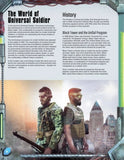 Comic book page with two characters in a cityscape and text about 'The World of Universal Soldier'.