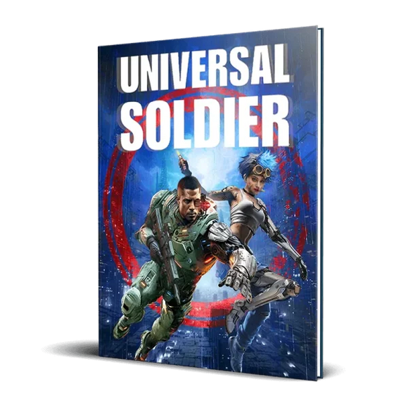 Book cover of 'Universal Soldier' with two characters in futuristic attire on a blue and red background.