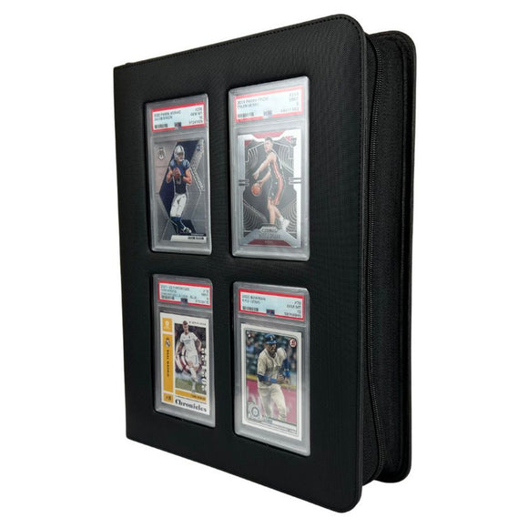 Black trading card album with four sports trading cards on a white background