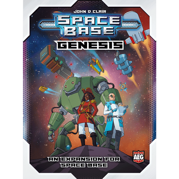 Space Base Genesis game box with characters and robots on a space-themed background