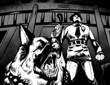 Black and white illustration of a police officer with a dog in an urban setting