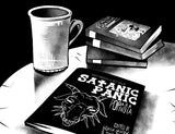 Black and white illustration of a mug, books, and a book titled 'Satanic Panic' on a table.