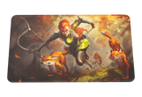 A rectangular gaming playmat with rounded corners, featuring a fantasy illustration of a female archer with orange hair leaping over foxes in an autumn forest. The playmat is shown against a plain white background.