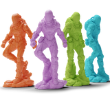 Four plastic action figure toys in futuristic armor poses, shown in orange, purple, green, and blue on a white background.
