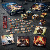 Talisman board game components including boxes, cards, and dice on a dark surface
