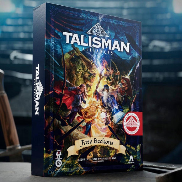 Talisman Alliances board game box with colorful artwork on a blurred background