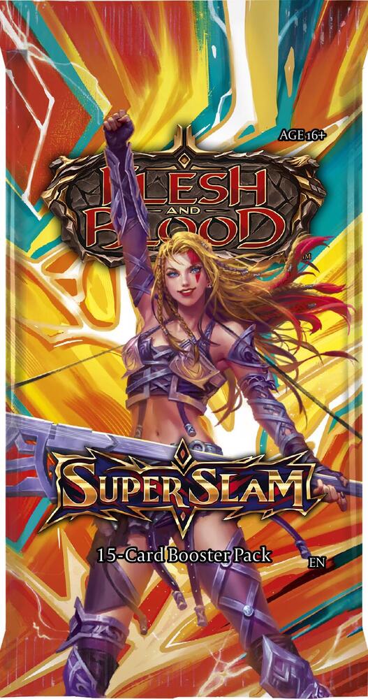 Flesh and Blood Super Slam booster pack with a fantasy character on a colorful background