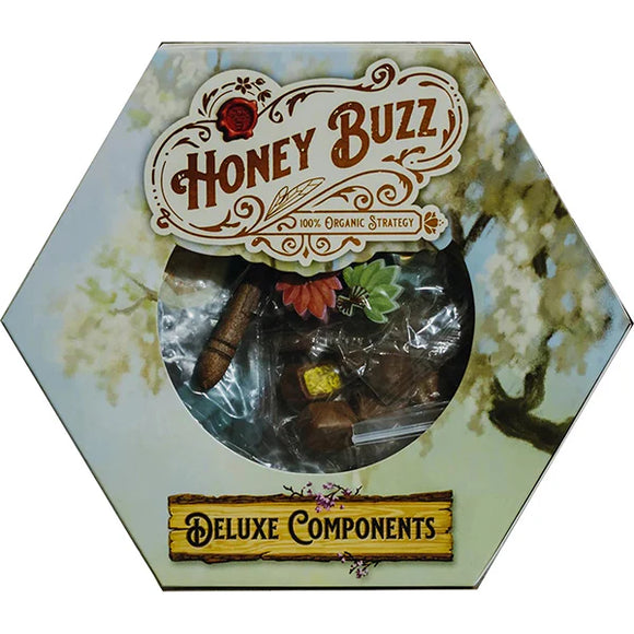 Hexagonal packaging of 'Honey Buzz' deluxe components with decorative elements on a white background.