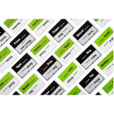 Pattern of text labels in black, green, and gray on a white background