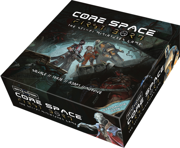 Core Space First Born miniatures game box with sci-fi artwork on a white background