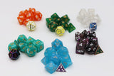 Collection of colorful polyhedral dice on a white background