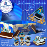 Foam Brain Games ice cream sandwich seal product with packaging and enamel pin on a blue background