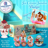 Ice Cream Sundae Budgie enamel pins and packaging with Foam Brain Games branding on a blue background.