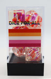 Colorful dice set in a clear packaging with 'Dice For All' branding.