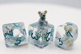 Clear dice with teddy bear design on a white background
