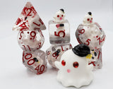 Clear dice with red numbers and white ghost figures on a white background