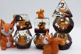 Set of polyhedral dice with squirrel design on a white background