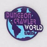 Round badge with 'Dungeon Crawler World Earth' text on a white background