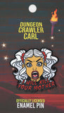 Enamel pin with a woman's face and text 'I will kill your mother' on a dark background with stars and a moon.