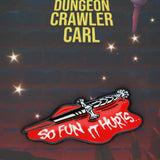 Logo with text 'Dungeon Crawler Carl' and 'So Fun It Hurts' on a dark background with stars.