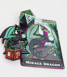 Dragon-themed collectible card and pin with a die on a white background