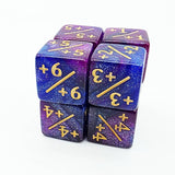 Set of purple and blue dice with gold numbering on a white background