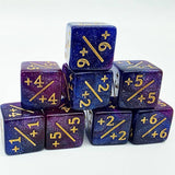 Blue and purple dice with gold numbering on a white background