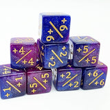 Purple and blue dice with gold numbers on a white background