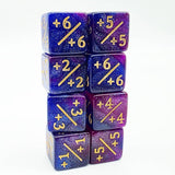 Set of purple dice with gold numbers on a white background